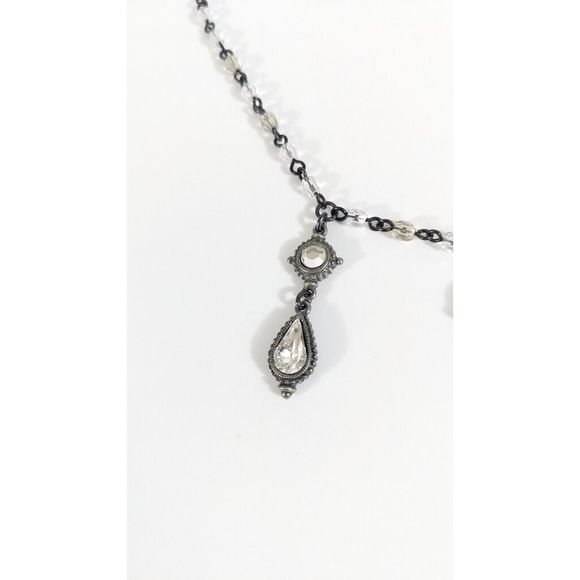 Ben Amun Crystal Dangle Necklace Silver Toned White Colorless Beads Rhinestones - Picture 5 of 12
